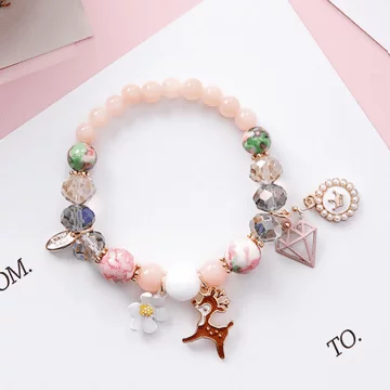 鑽石小鹿花朵&times;固定式琉璃串珠手鍊&times;嫩粉