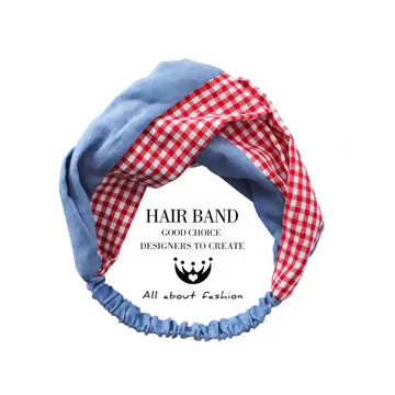 牛仔撞色紅格子×彈性髮帶