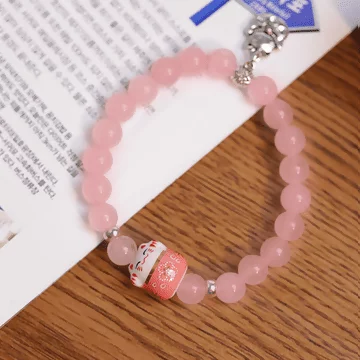 粉晶陶瓷福氣貓×固定式串珠手鍊