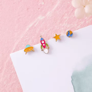 火箭飛碟與地球星星×單邊四套件耳環組
