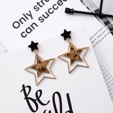 毛絨豹紋鏤空星星×吊墜耳環