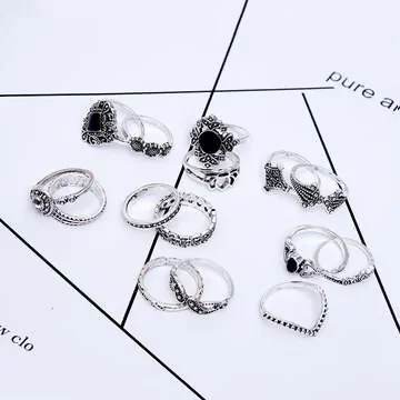 鏤空蓮花向日葵黑晶白鑽&times;十五套件戒指組