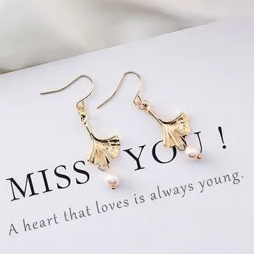 典雅銀杏葉子珍珠×吊墜耳勾