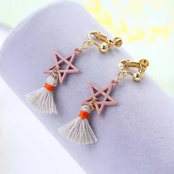 粉紅五角星布藝流蘇&times;螺旋耳夾