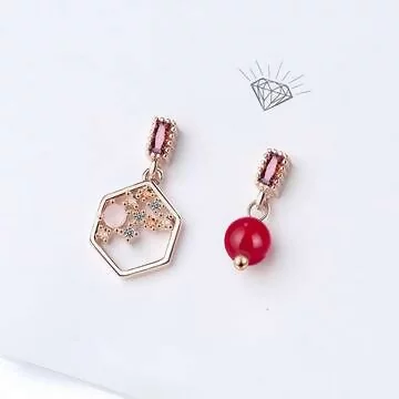 復古六角相思紅豆&times;不對稱吊墜耳環