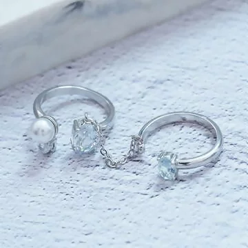 珍珠鋯石連指戒&times;開口戒指