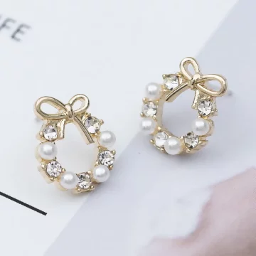 小花圈鑲鑽珍珠&times;耳環