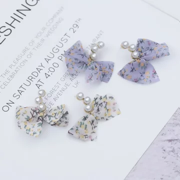 碎花薄紗蝴蝶結珍珠&times;吊墜耳環&times;共二色