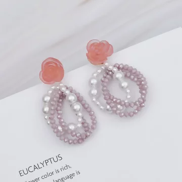 粉紅玫瑰雙層珍珠&times;吊墜耳環