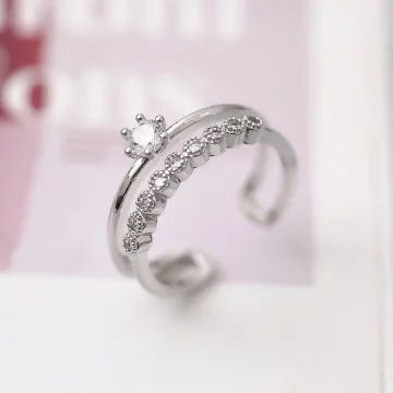 925銀飾&times;六爪單鑽雙層蕾絲邊&times;開口戒指
