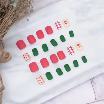 紅配綠格子小花霧面&times;穿戴式手指甲片&times;二十四入 