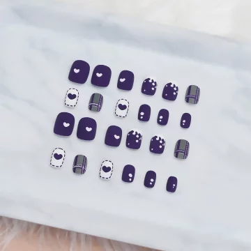 紫心牛奶灰格紋霧面&times;穿戴式手指甲片&times;二十四入