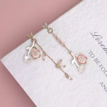 長款粉櫻桃花流蘇×不對稱吊墜耳環