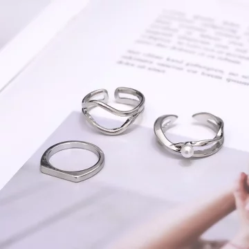 銀色線條不規則珍珠&times;三套件戒指組