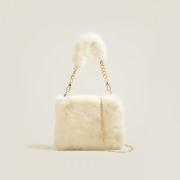 手提小巧毛絨絨&times;鍊條斜背包&times;米白