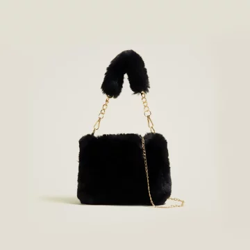 手提小巧毛絨絨&times;鍊條斜背包&times;黑色