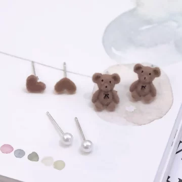 絨毛小熊愛心珍珠×三套件耳環組