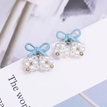 藍色蝴蝶結珍珠球&times;吊墜耳環