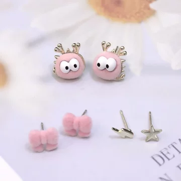 絨毛呆萌小怪獸&times;三套件耳環組&times;粉紅