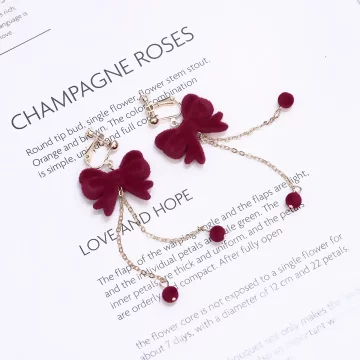 紅絲絨蝴蝶結流蘇&times;螺旋耳夾