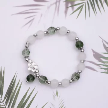 煙染黛綠白晶花朵&times;固定式串珠手鍊 