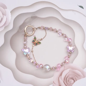 彩蝶水晶串珠&times;手機腕帶掛繩&times;粉紅