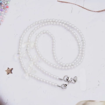 透明蝴蝶結×白色珍珠×手機斜背雙勾掛繩