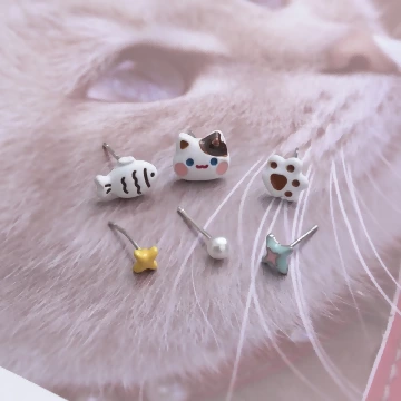 貓咪與雕魚燒×六套件單邊耳環組