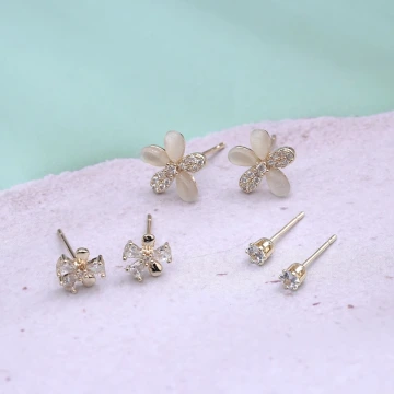 貓眼石輕奢鋯石花朵&times;三套件耳環組