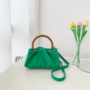 圓提把皺折小包×斜背包×綠色