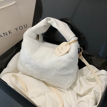 皺折提把毛絨小包方&times;斜背包&times;白色
