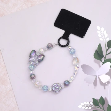 冰透蝴蝶小花×手機腕帶掛繩×黑色