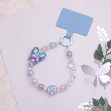 冰透蝴蝶小花&times;手機腕帶掛繩&times;藍色