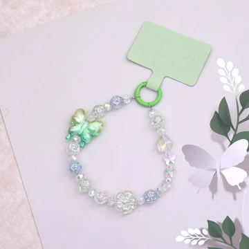 冰透蝴蝶小花&times;手機腕帶掛繩&times;綠色
