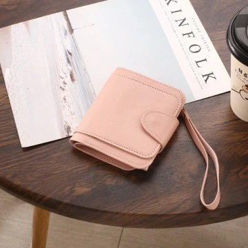 簡約皮革×翻頁三層短皮夾×粉紅