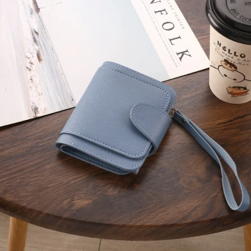 簡約皮革×翻頁三層短皮夾×藍色