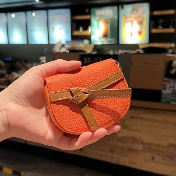 禮物綁帶荔枝紋皮革×風琴卡夾×橘色