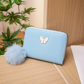 亮漆皮革白蝴蝶毛球×拉鍊短皮夾×水藍