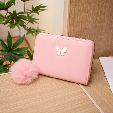 亮漆皮革白蝴蝶毛球×拉鍊短皮夾×粉紅