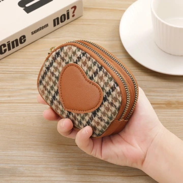 愛心千鳥紋×雙層拉鍊零錢包×棕咖