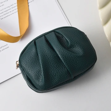 單色荔枝紋抓皺&times;雙層拉鍊零錢包&times;綠色