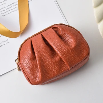 單色荔枝紋抓皺&times;雙層拉鍊零錢包&times;橘咖