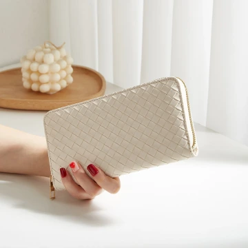 大編紋格紋×拉鍊長皮夾×白色