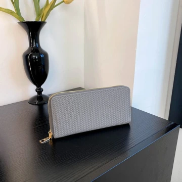 細編交織紋&times;拉鍊長皮夾&times;灰色
