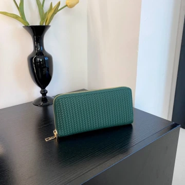 細編交織紋×拉鍊長皮夾×綠色