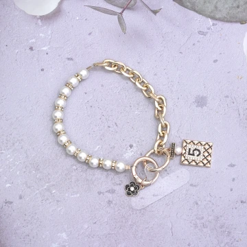 大珍珠香水5號鍊條&times;手機腕帶掛繩&times;金色