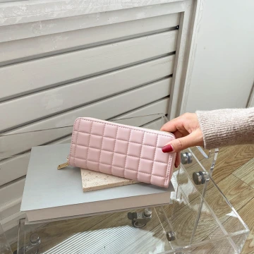 正方格紋壓線×拉鍊長皮夾×粉色