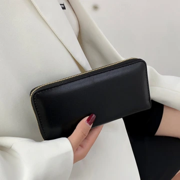 極簡素面皮革×拉鍊長皮夾×黑色
