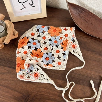 鏤空花朵針織×三角頭巾×橘藍