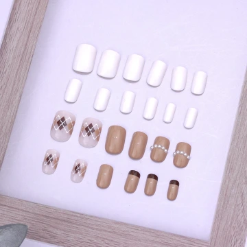 學院風奶茶菱紋亮面×穿戴式手指甲片×二十四入